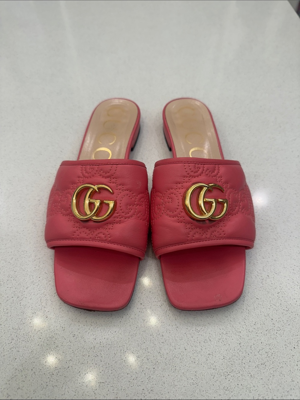 Gucci Pink Quilted Marmont GG Slide Sandals size 39